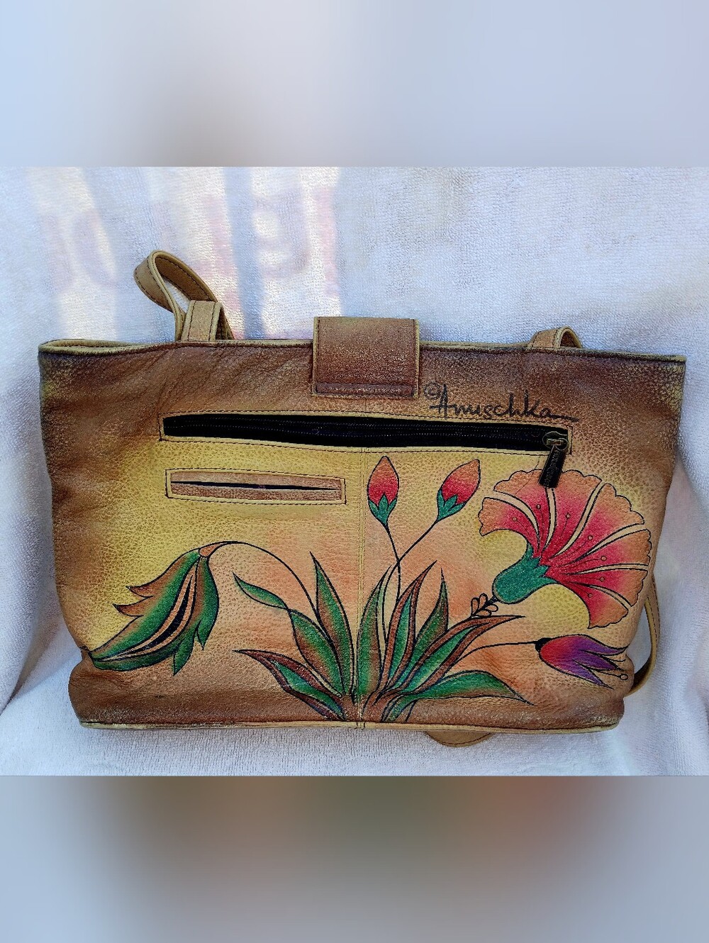 Anuschka Tan Floral Leather Shoulder Bag